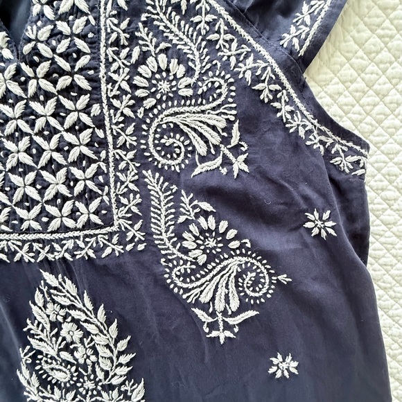Oliphant Navy Embroidered Cotton Boho Top Tunic Blouse Size L - Picture 4 of 9